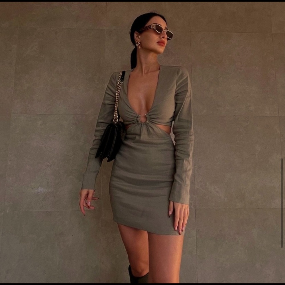 Zara * Stretchy Linen Blend Short Mini Dress Cut Out Green Olive XS
